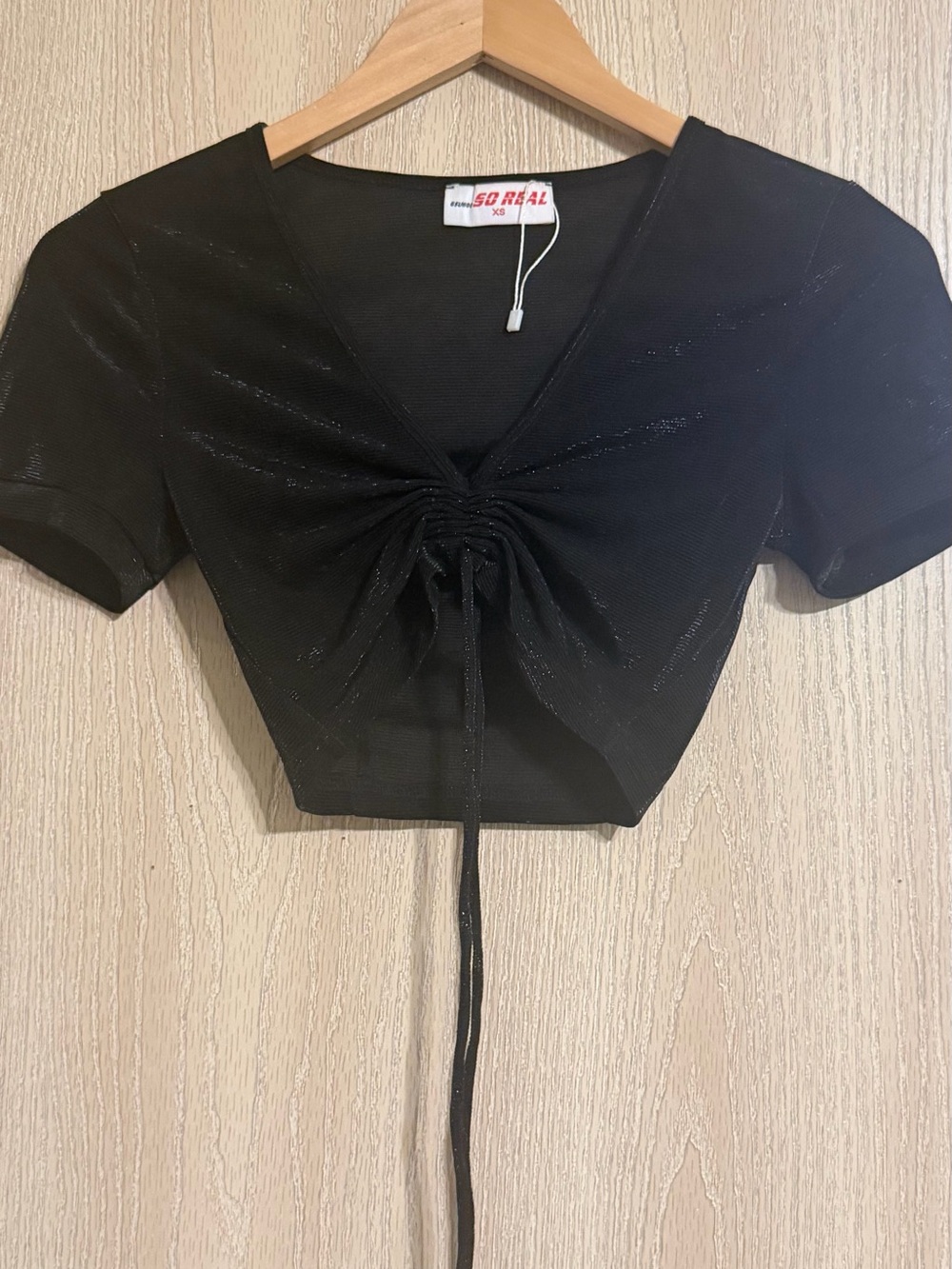 So Real Black Drawstring Ruched Crop Top - Picture 2 of 11